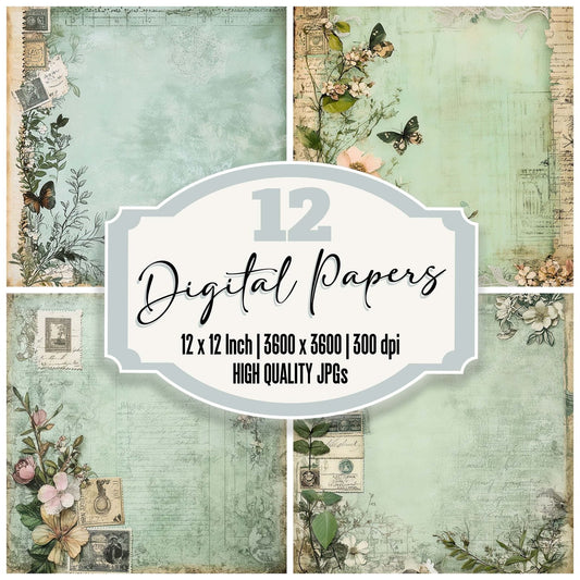 Victorian Decoupage Botanical Post Stamp Digital Paper Pack (DDD004169)