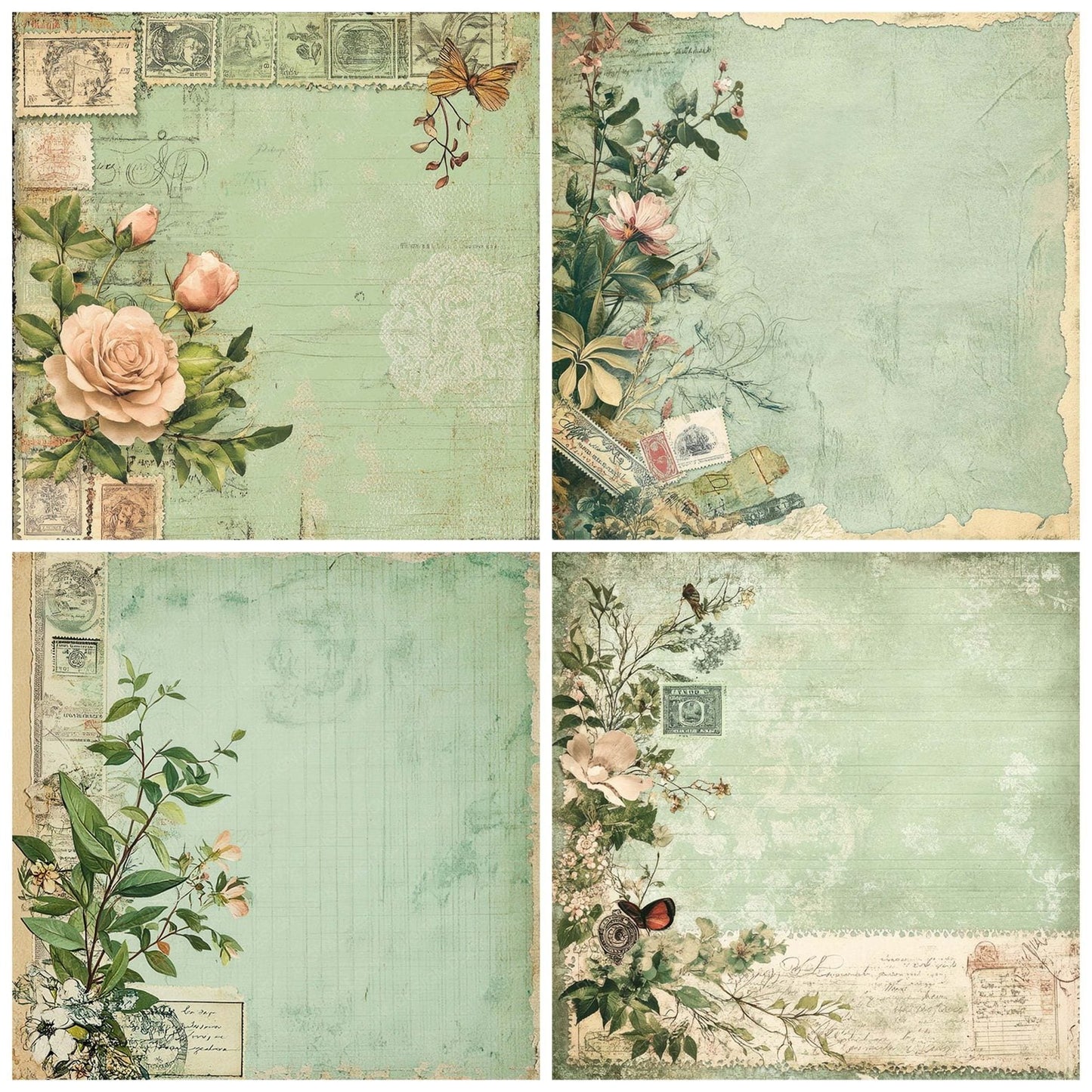 Victorian Decoupage Botanical Post Stamp Digital Paper Pack (DDD004169)