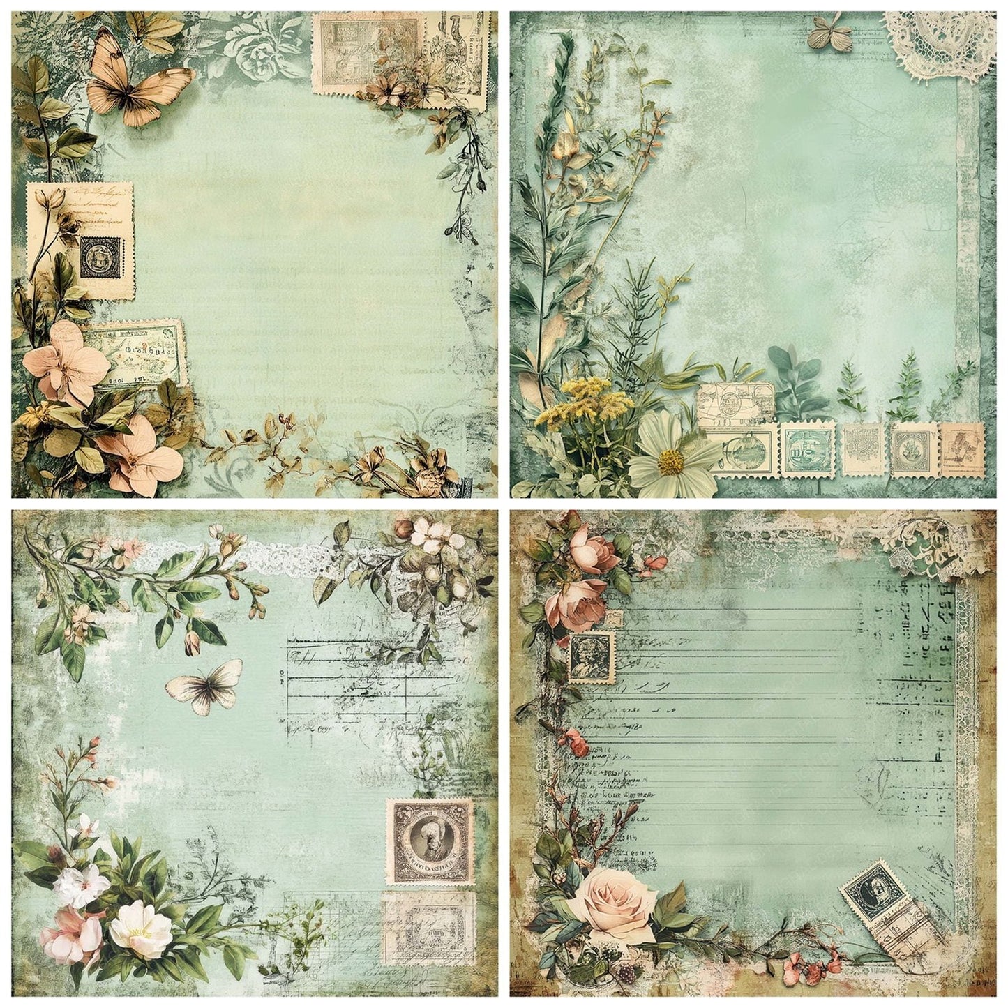 Victorian Decoupage Botanical Post Stamp Digital Paper Pack (DDD004169)
