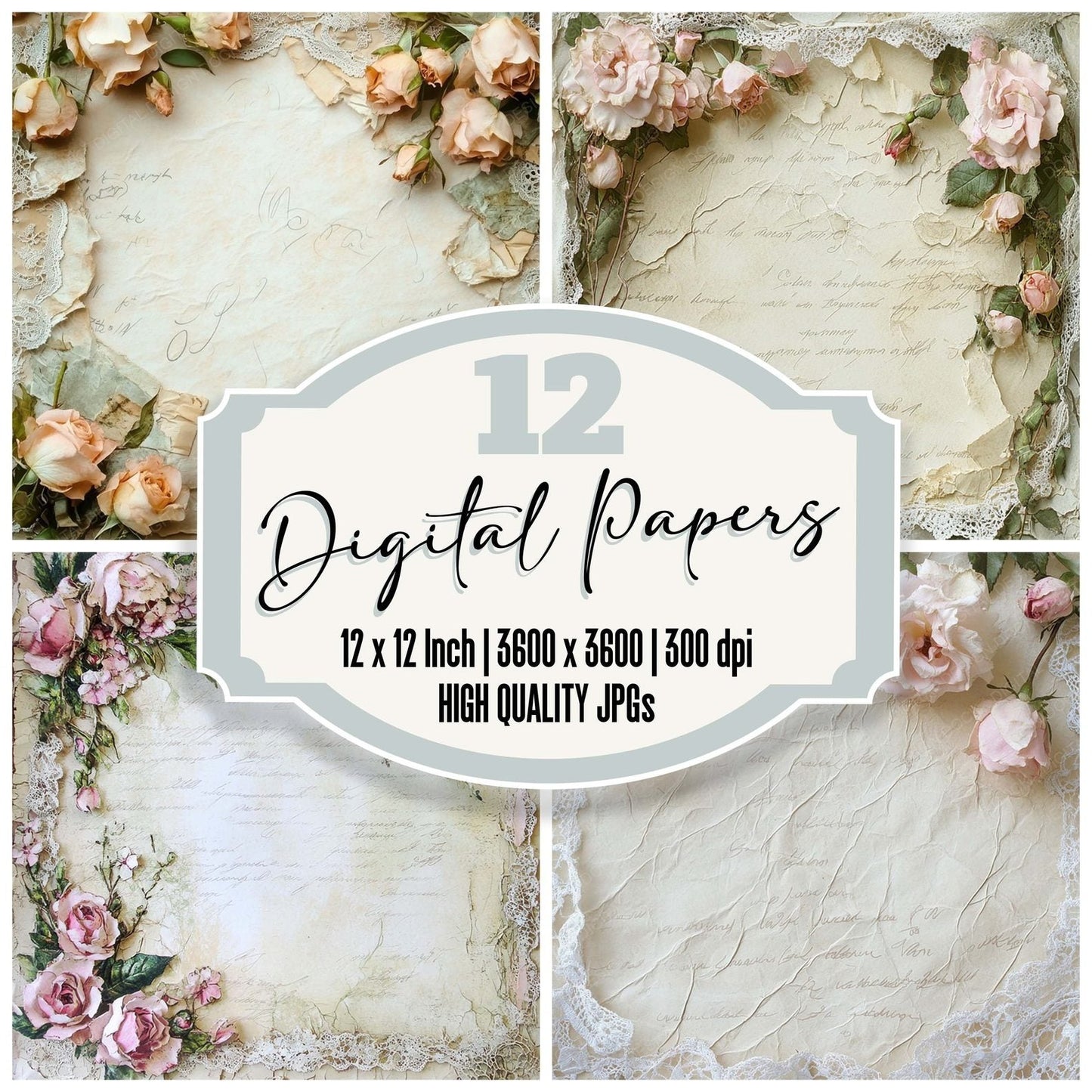 Victorian Decoupage Calling Card Rose Digital Paper Pack (DDD004175)