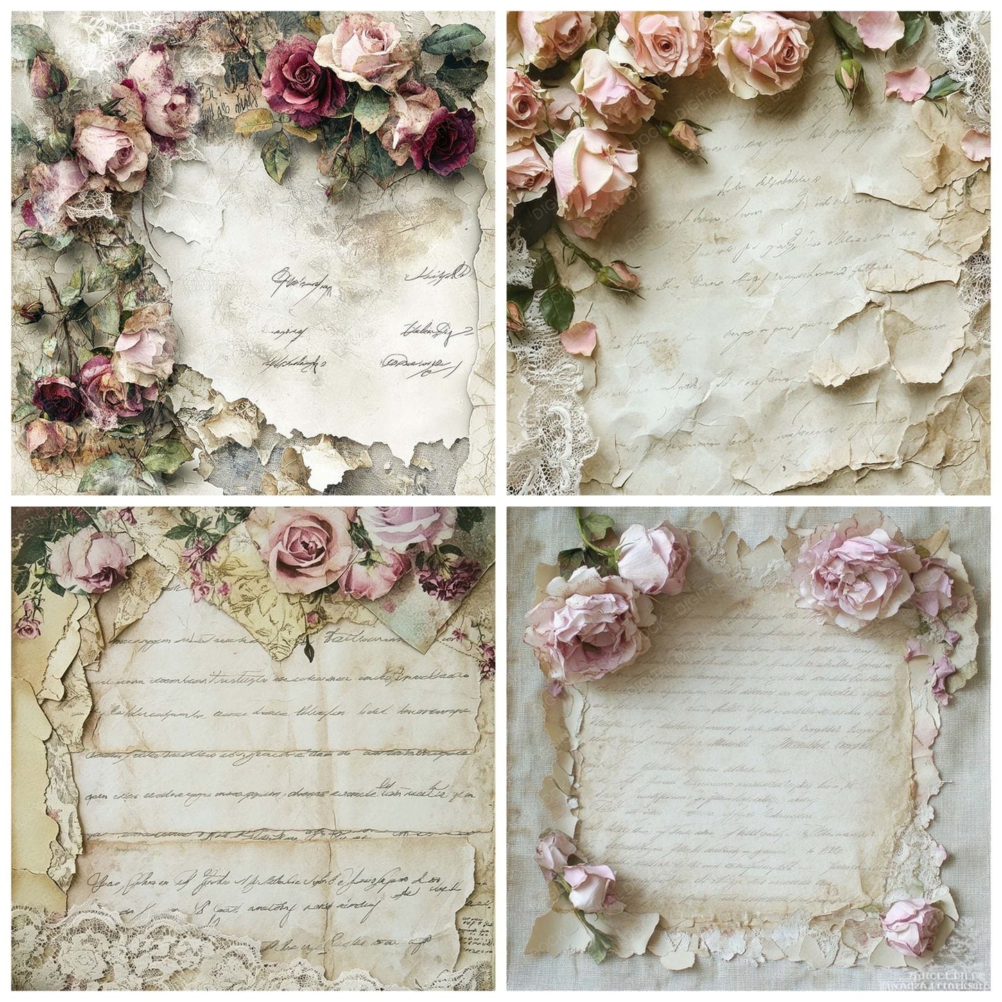 Victorian Decoupage Calling Card Rose Digital Paper Pack (DDD004175)