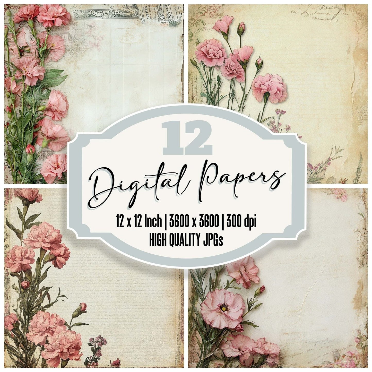 Victorian Decoupage Carnation French Label Digital Paper Pack (DDD004177)
