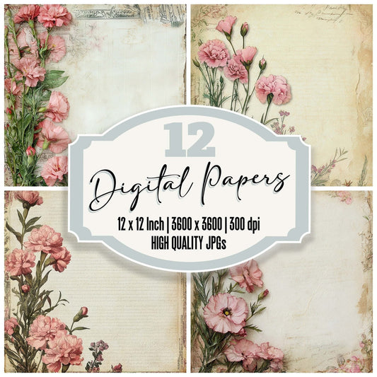 Victorian Decoupage Carnation French Label Digital Paper Pack (DDD004177)