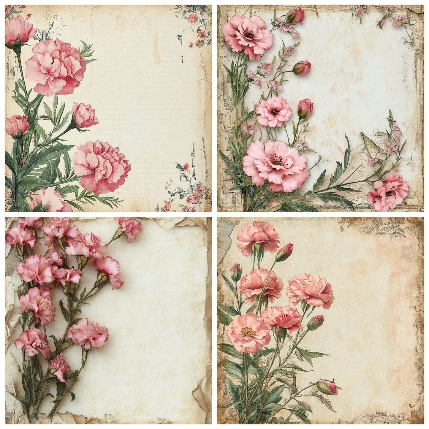 Victorian Decoupage Carnation French Label Digital Paper Pack (DDD004177)