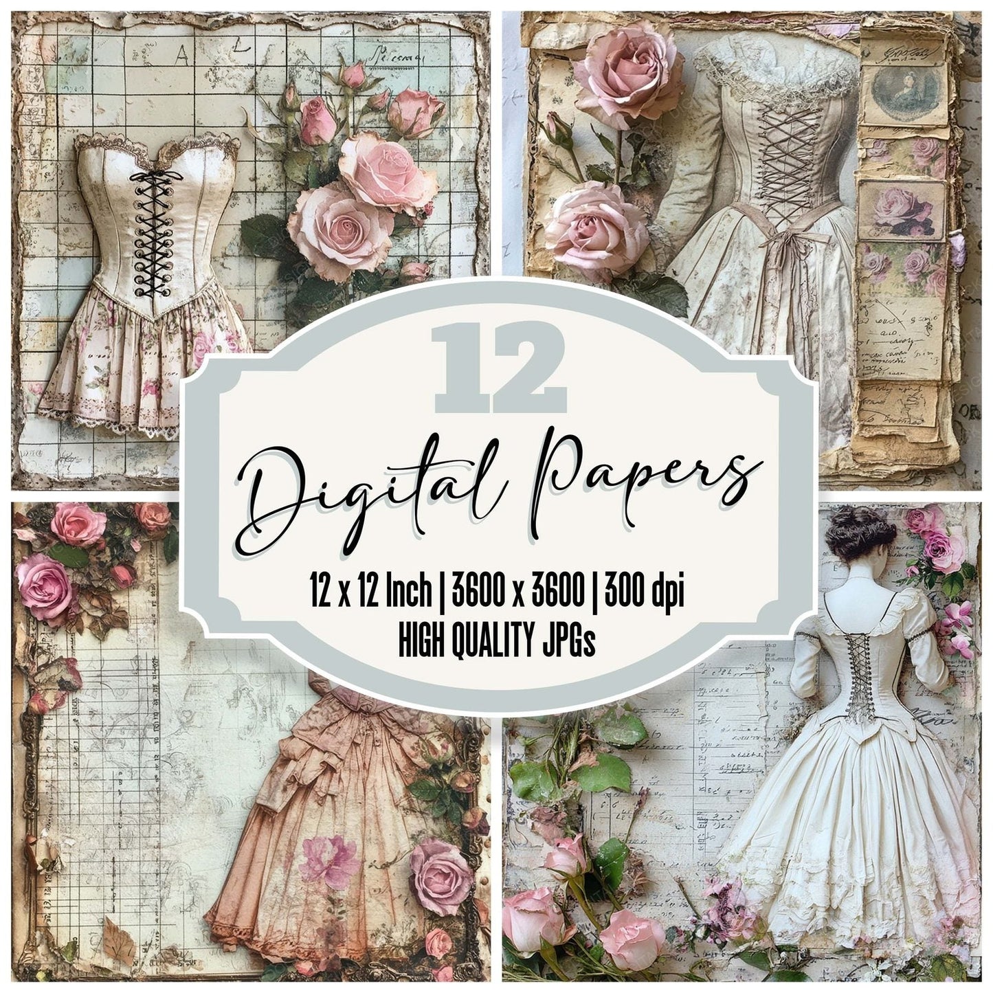 Victorian Decoupage Dressmaker Rose Digital Paper Pack (DDD004178)