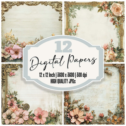 Victorian Decoupage Gold Frame Floral Scrap Digital Paper Pack (DDD004182)