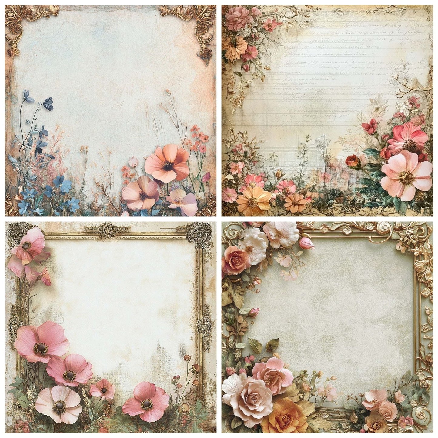 Victorian Decoupage Gold Frame Floral Scrap Digital Paper Pack (DDD004182)