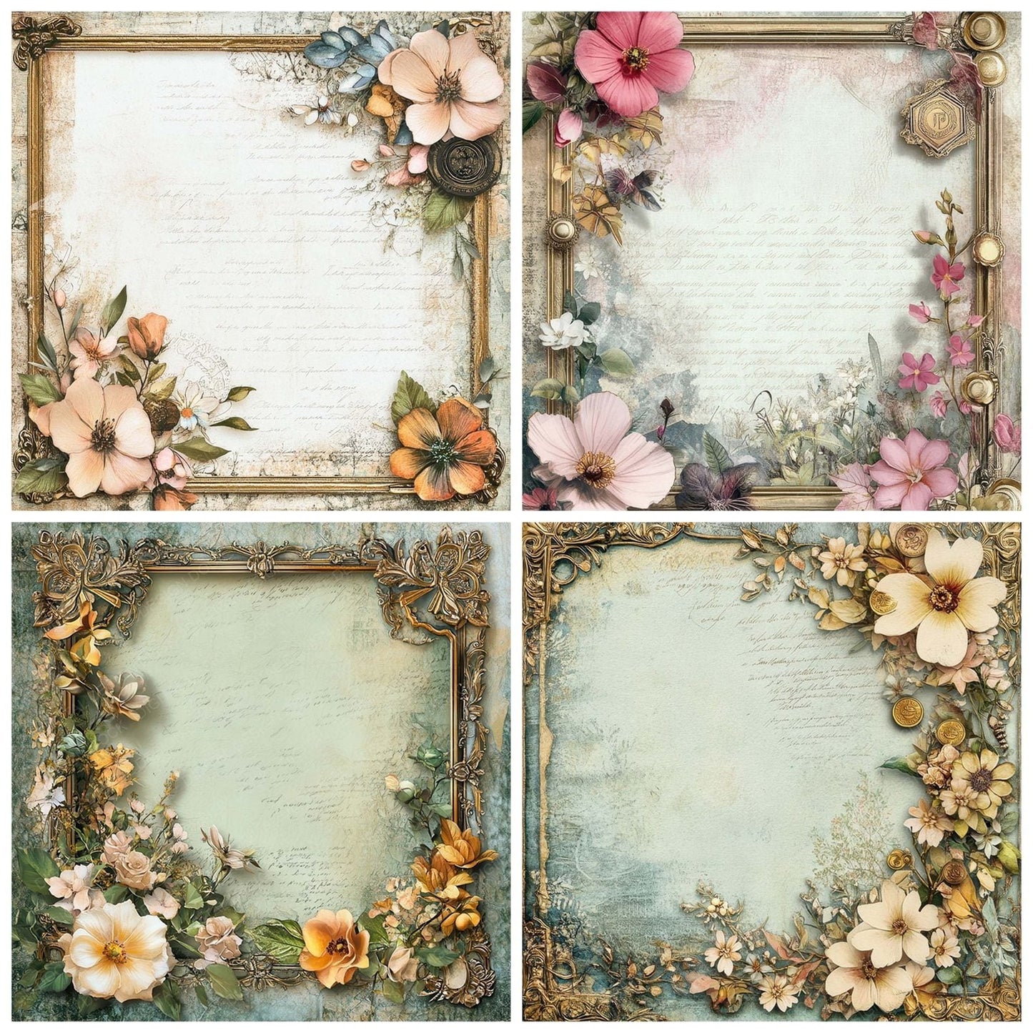 Victorian Decoupage Gold Frame Floral Scrap Digital Paper Pack (DDD004182)