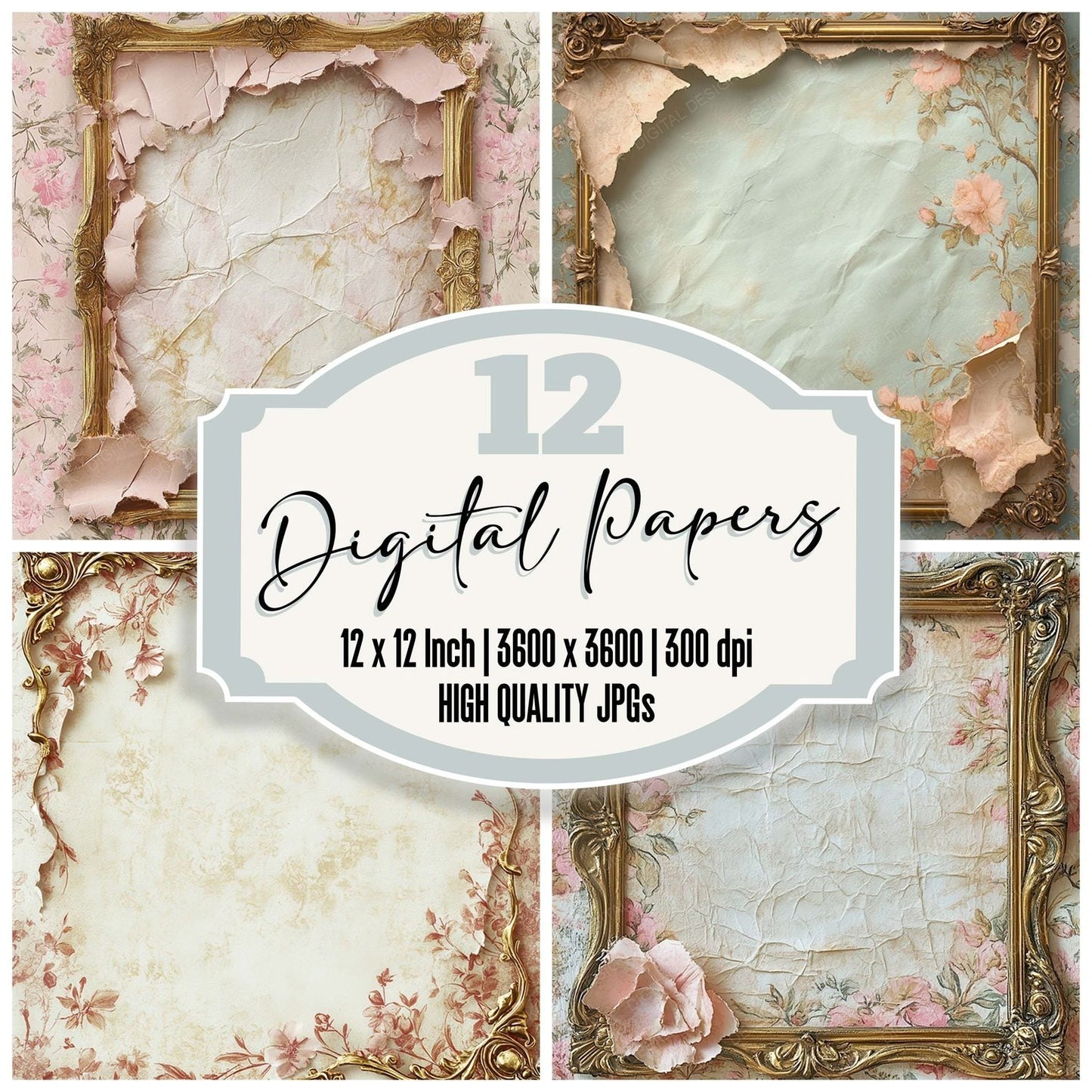 Victorian Decoupage Gold Frame Floral Wrap Digital Paper Pack (DDD004183)