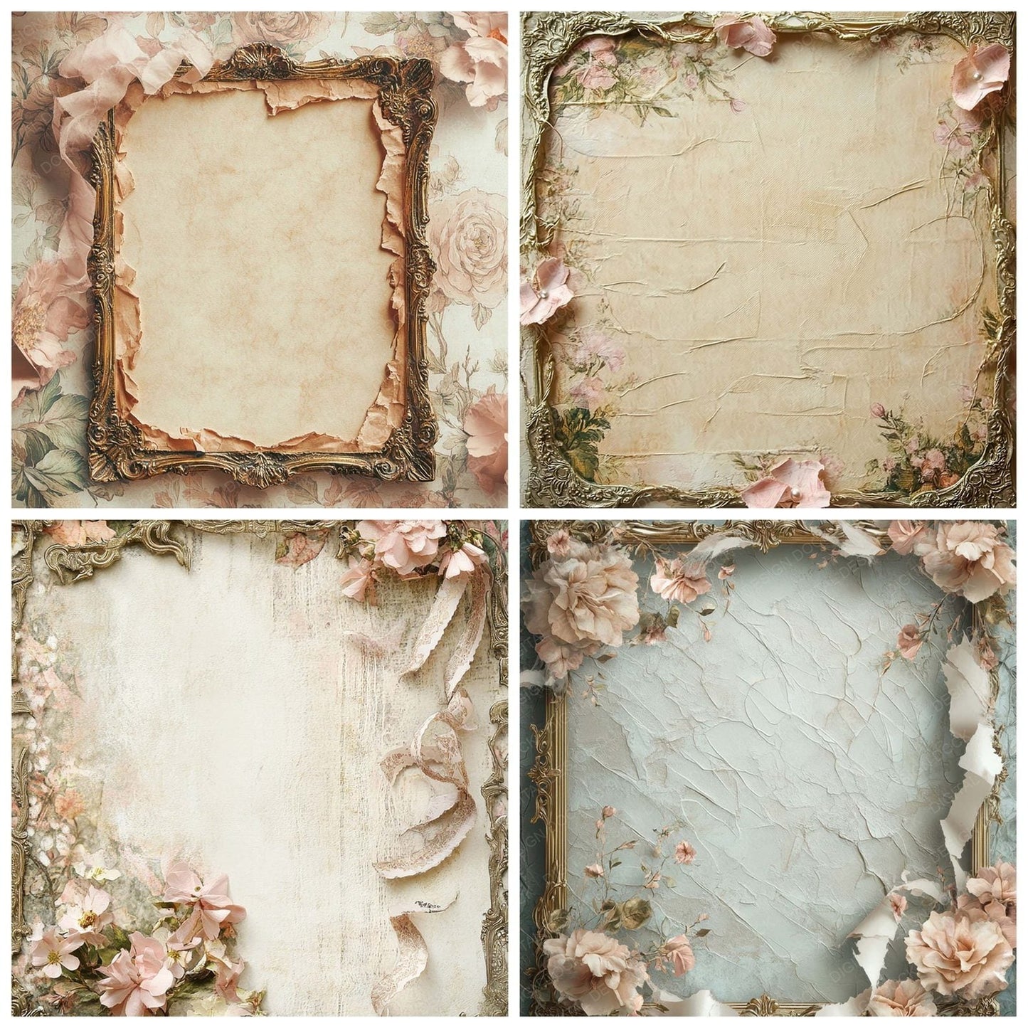 Victorian Decoupage Gold Frame Floral Wrap Digital Paper Pack (DDD004183)