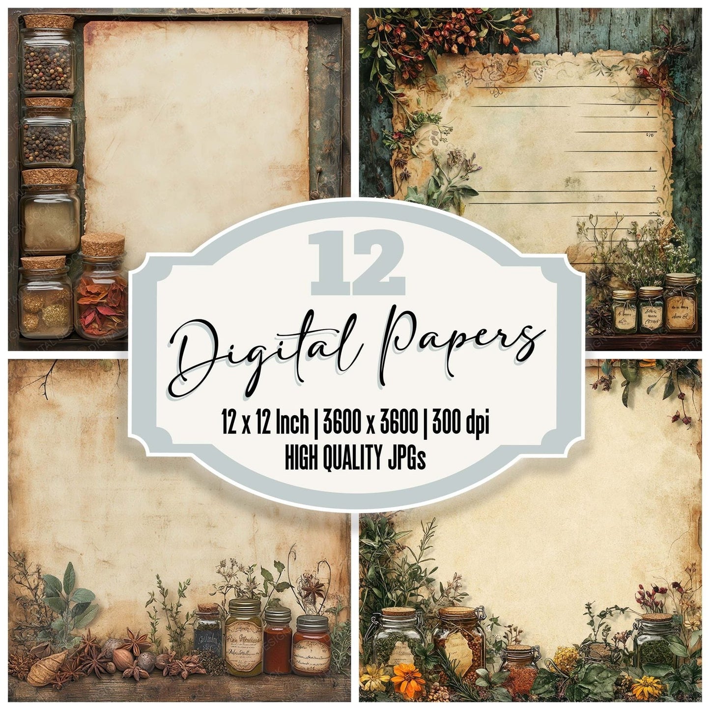 Victorian Decoupage Kitchen Herbal Scrap Digital Paper Pack (DDD004185)