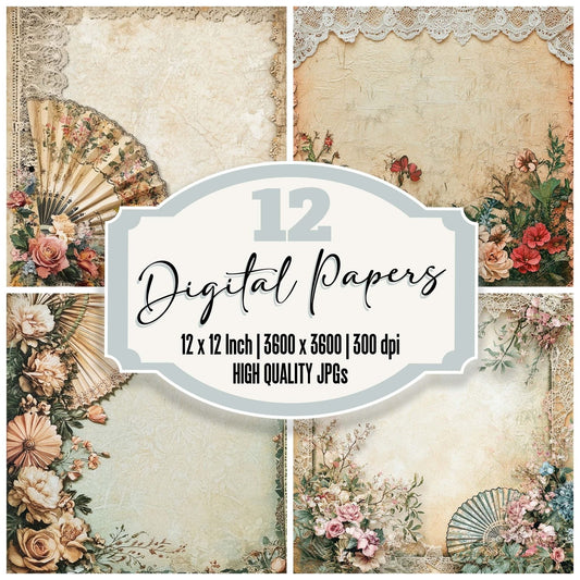 Victorian Decoupage Lace Fan Dance Digital Paper Pack (DDD004186)