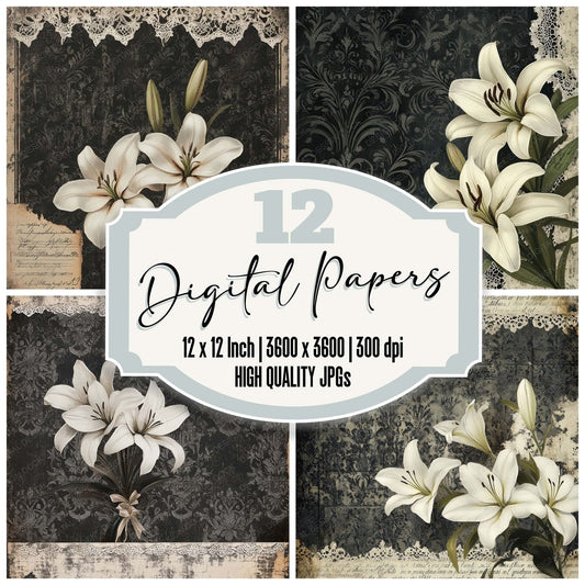 Victorian Decoupage Lily Lace Obituary Digital Paper Pack (DDD004189)