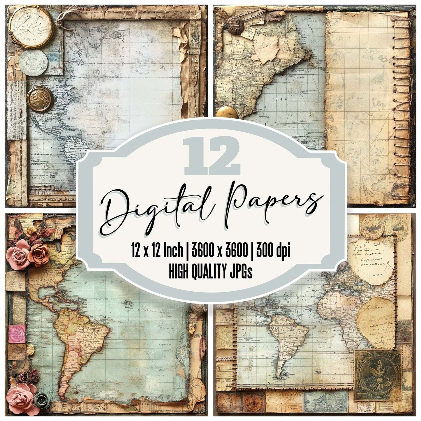 Victorian Decoupage Map Postcard Panel Digital Paper Pack (DDD004191)