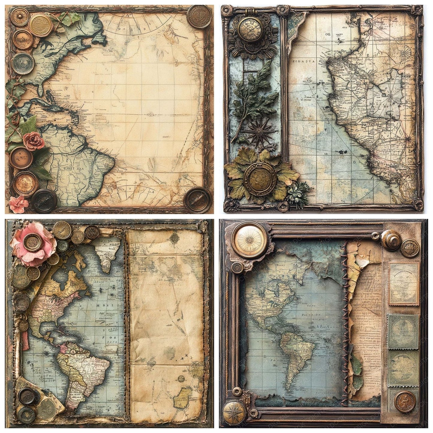 Victorian Decoupage Map Postcard Panel Digital Paper Pack (DDD004191)