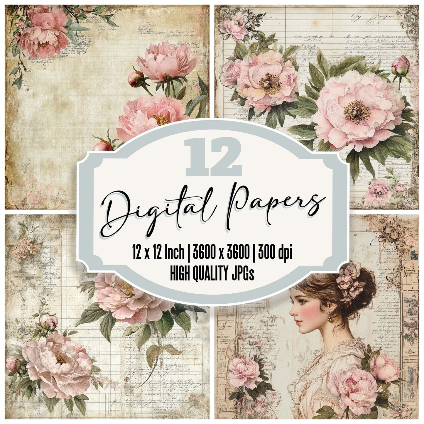 Victorian Decoupage Peony Sewing Almanac Digital Paper Pack (DDD004197)