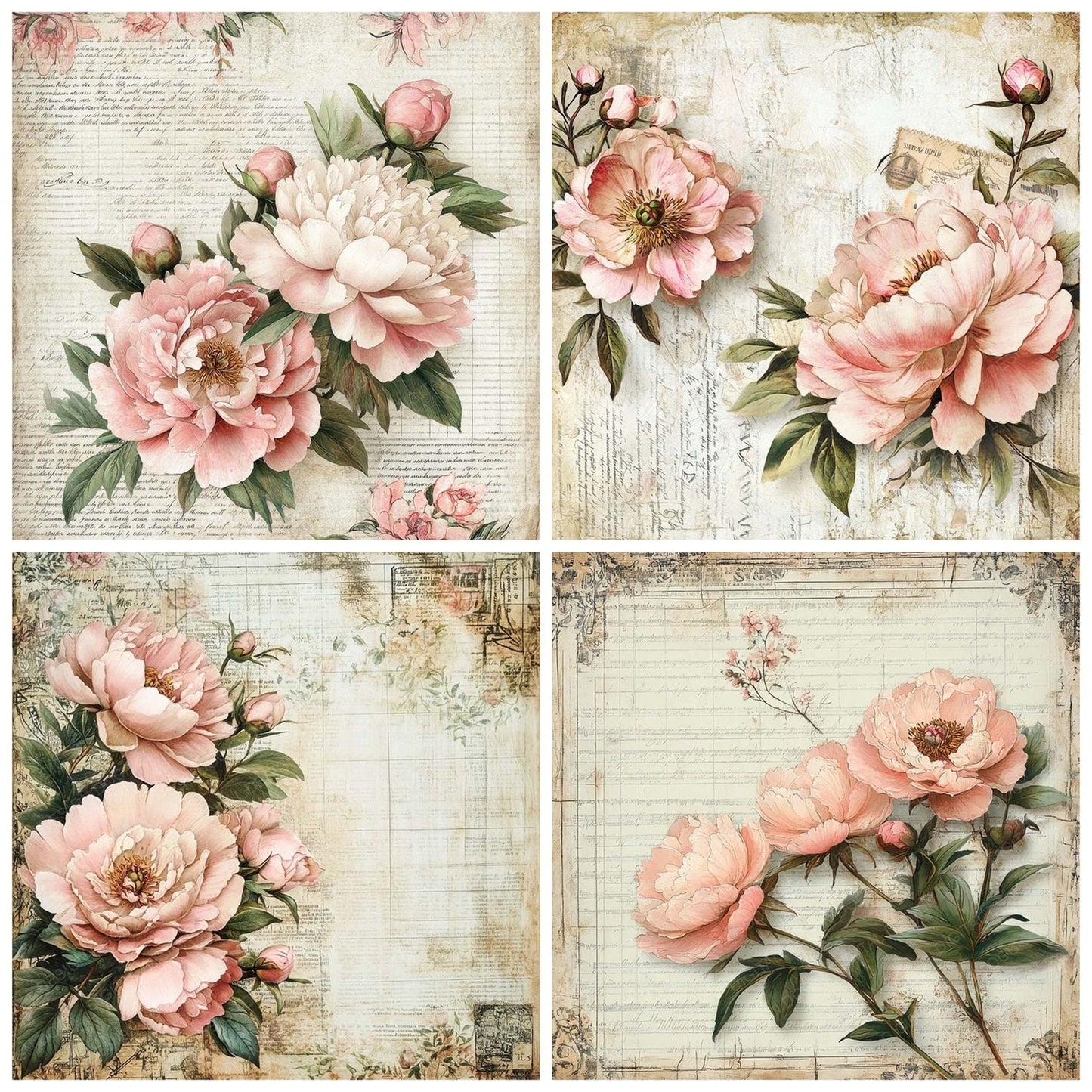 Victorian Decoupage Peony Sewing Almanac Digital Paper Pack (DDD004197)