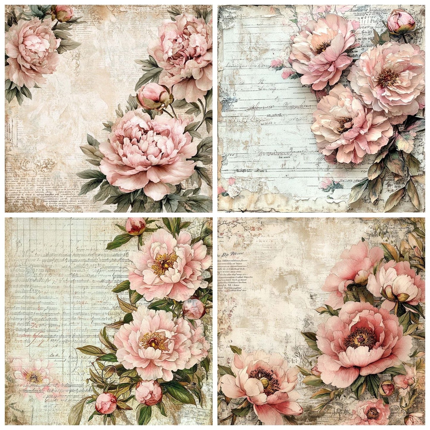 Victorian Decoupage Peony Sewing Almanac Digital Paper Pack (DDD004197)
