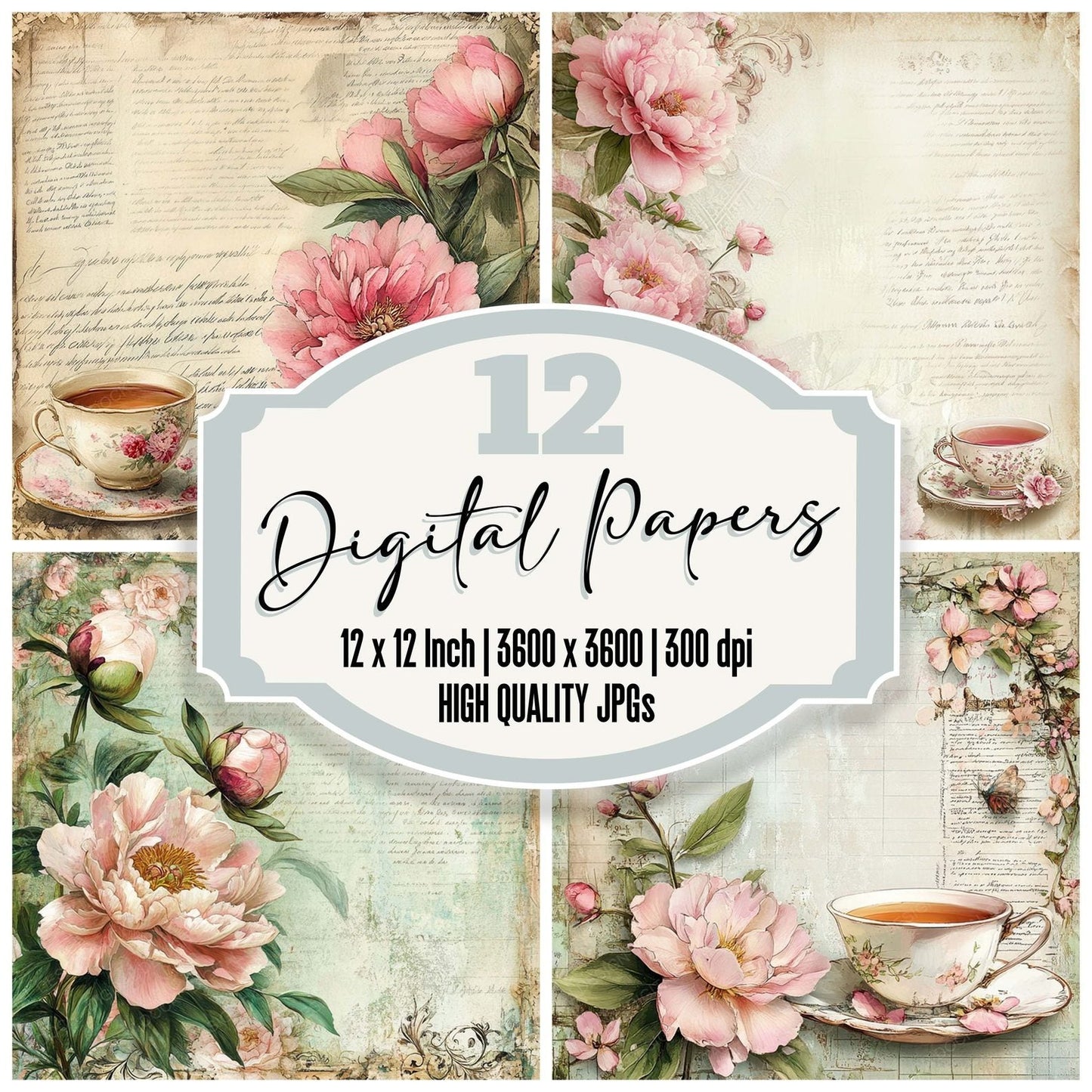 Victorian Decoupage Peony Tea Label Digital Paper Pack (DDD004198)