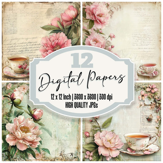 Victorian Decoupage Peony Tea Label Digital Paper Pack (DDD004198)