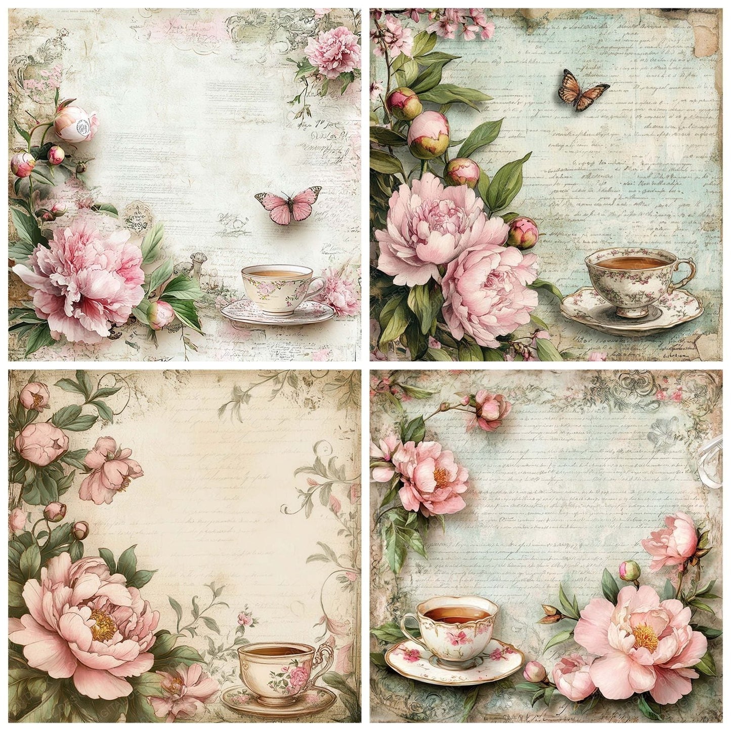Victorian Decoupage Peony Tea Label Digital Paper Pack (DDD004198)