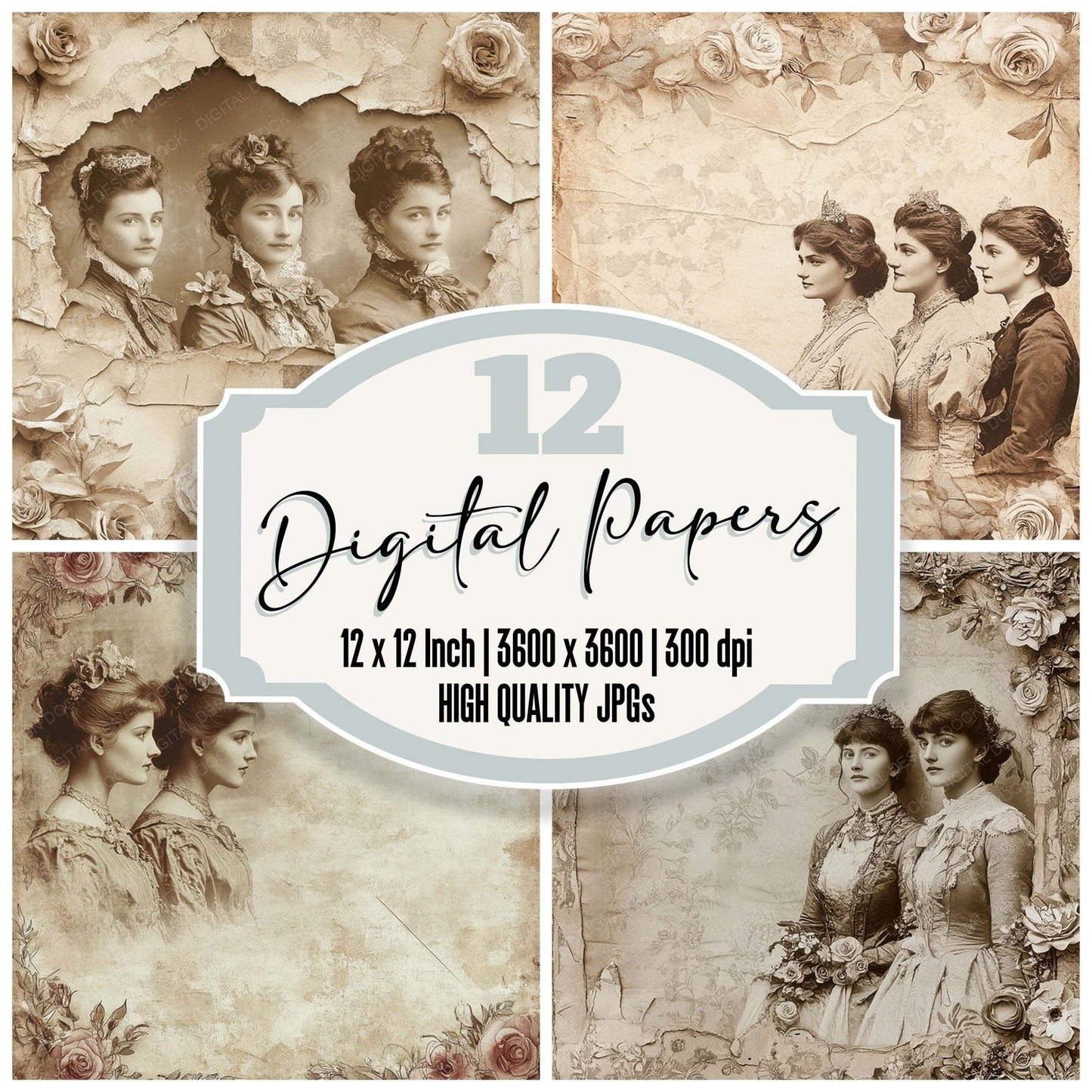 Victorian Decoupage Portrait Rose Collage Digital Paper Pack (DDD004200)