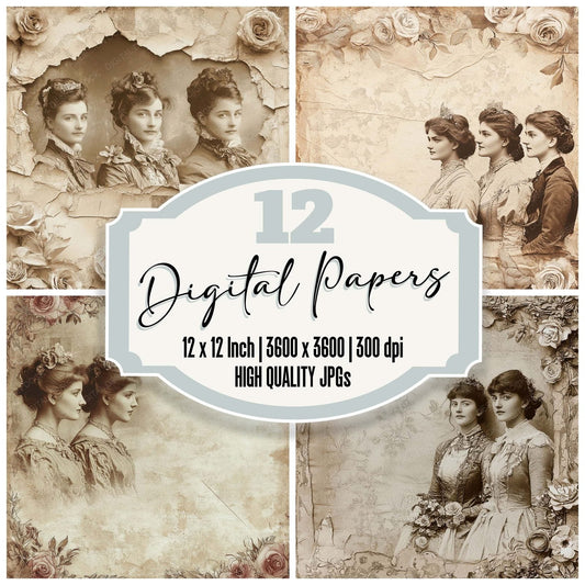 Victorian Decoupage Portrait Rose Collage Digital Paper Pack (DDD004200)