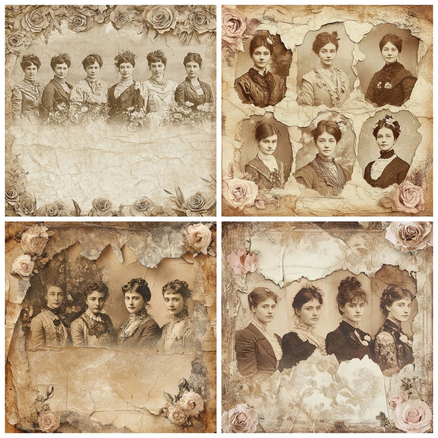 Victorian Decoupage Portrait Rose Collage Digital Paper Pack (DDD004200)