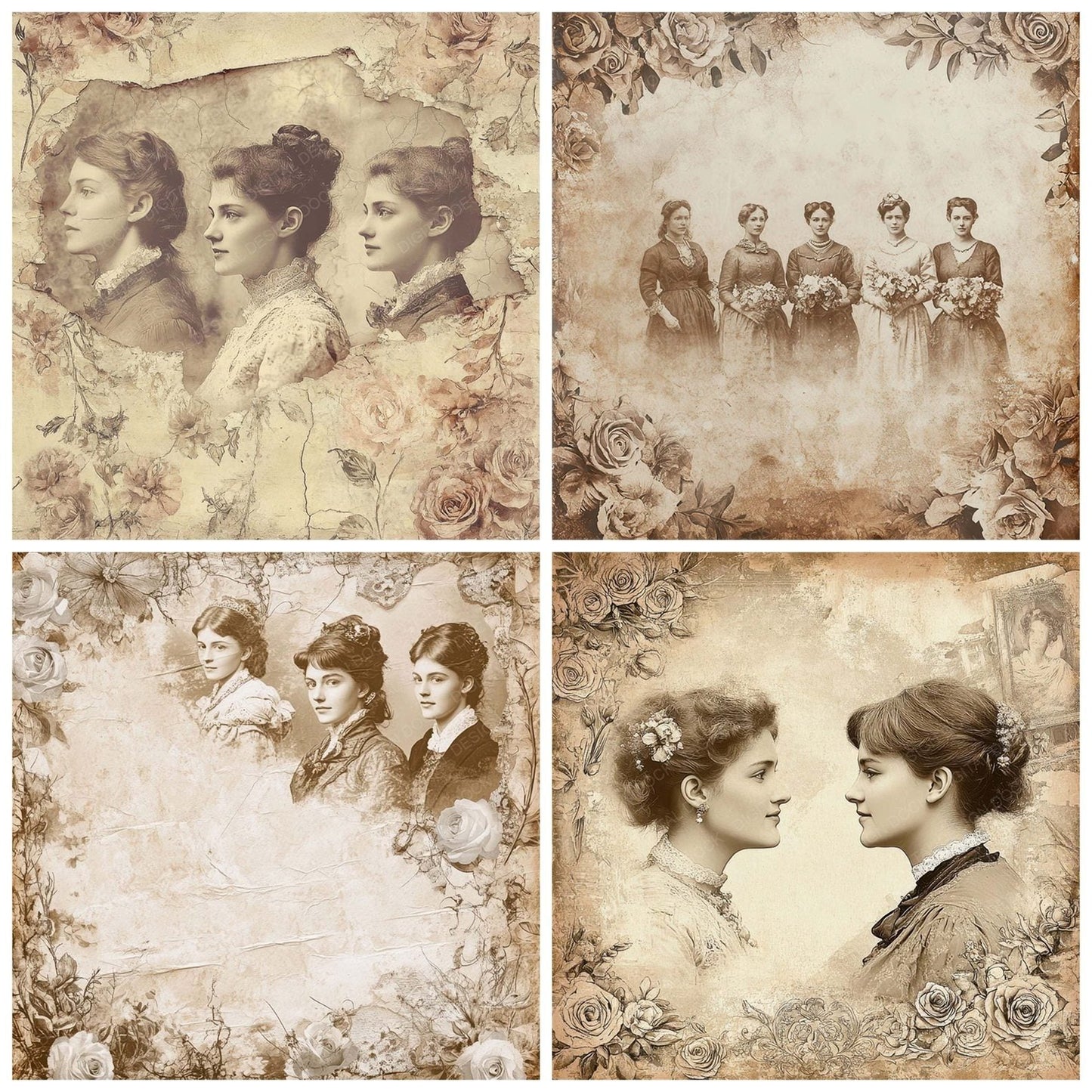 Victorian Decoupage Portrait Rose Collage Digital Paper Pack (DDD004200)