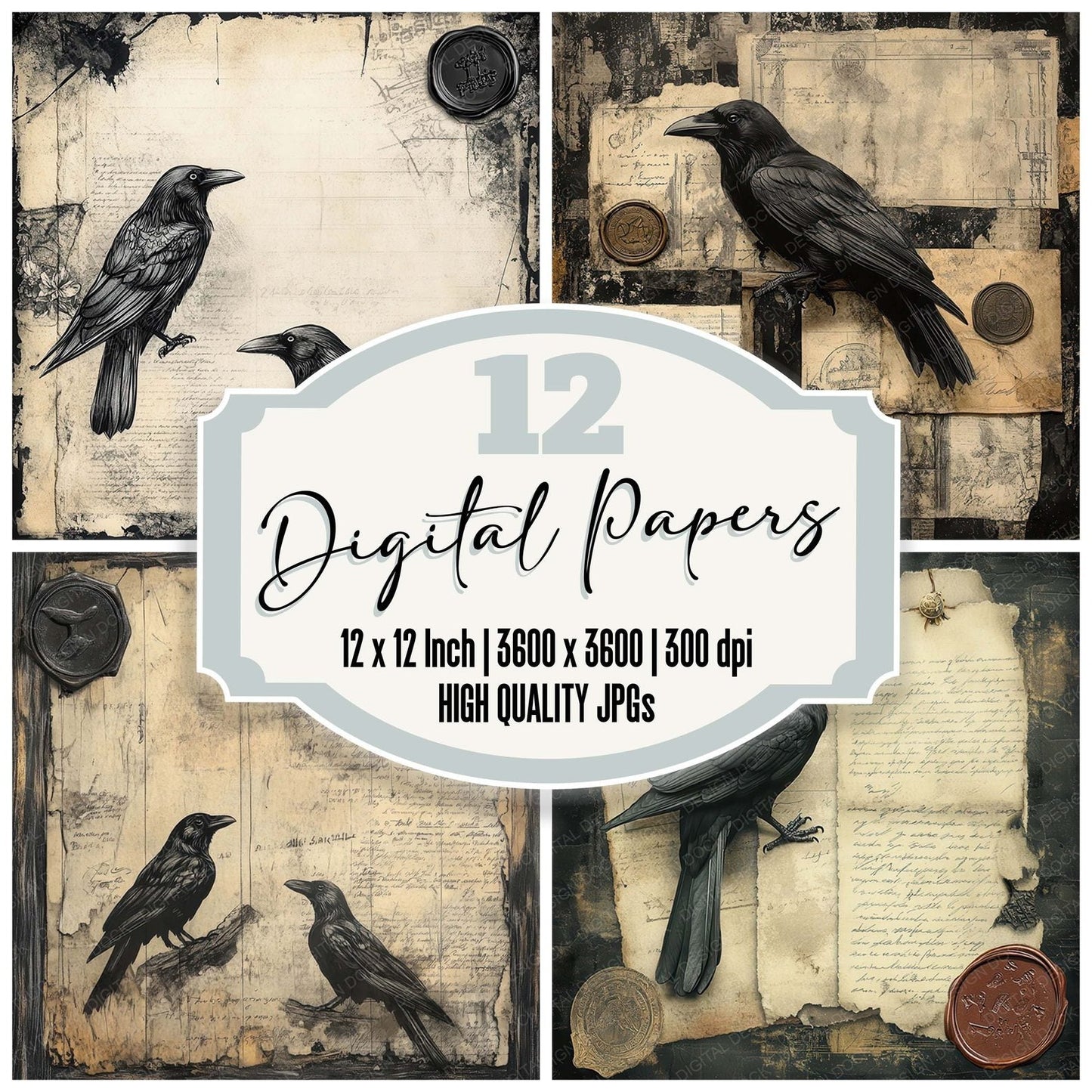 Victorian Decoupage Raven Ephemera Digital Paper Pack (DDD004201)