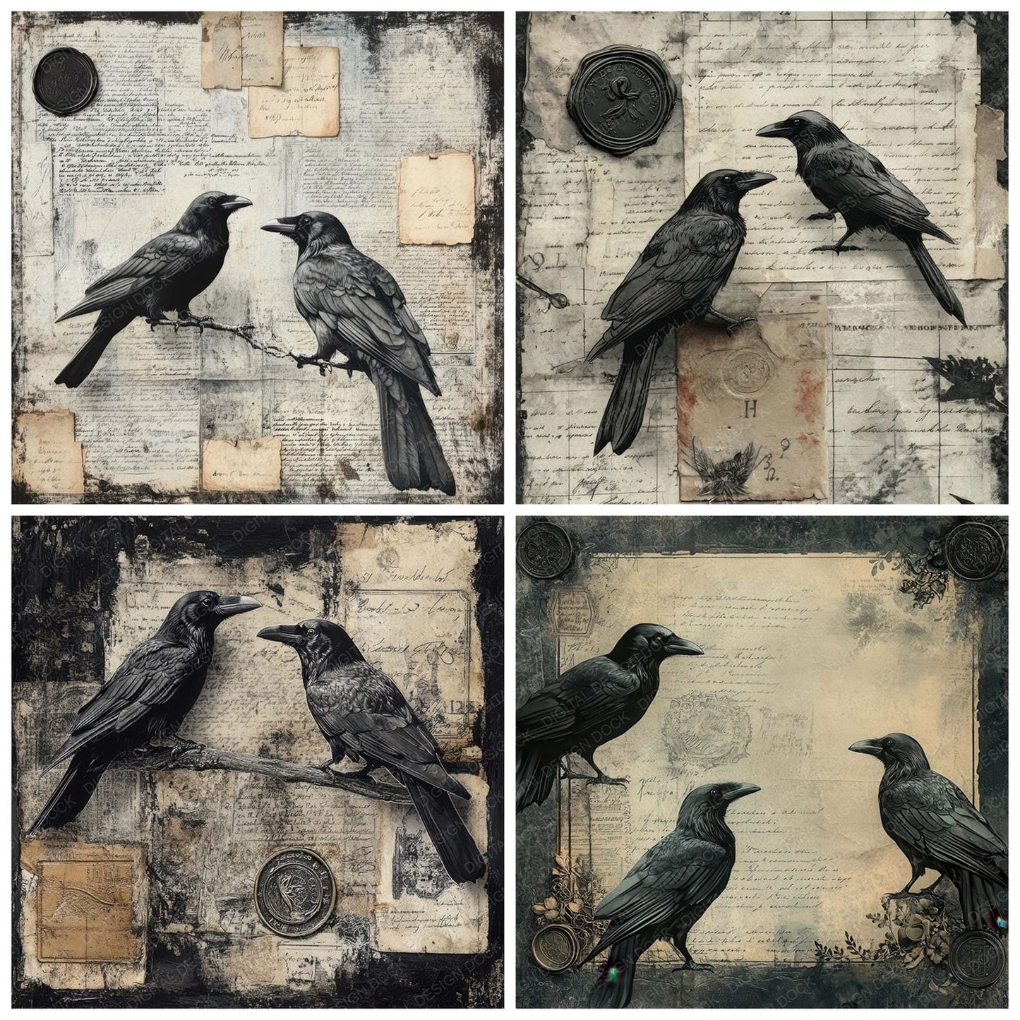 Victorian Decoupage Raven Ephemera Digital Paper Pack (DDD004201)