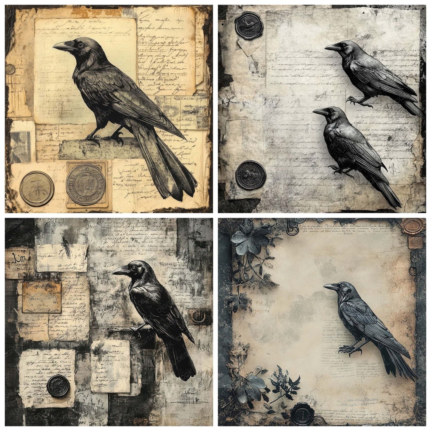 Victorian Decoupage Raven Ephemera Digital Paper Pack (DDD004201)