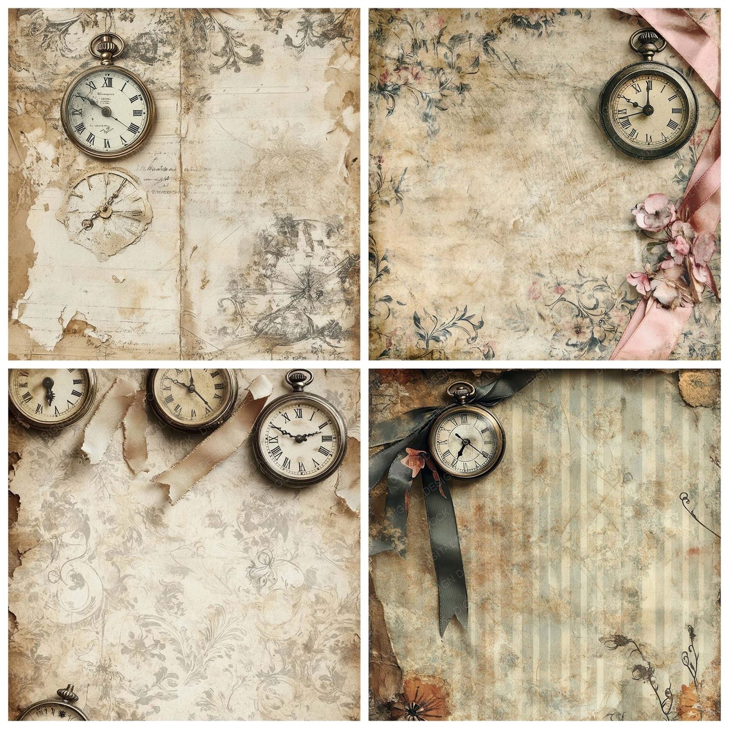 Victorian Decoupage Ribbon Clockwork Digital Paper Pack (DDD004202)