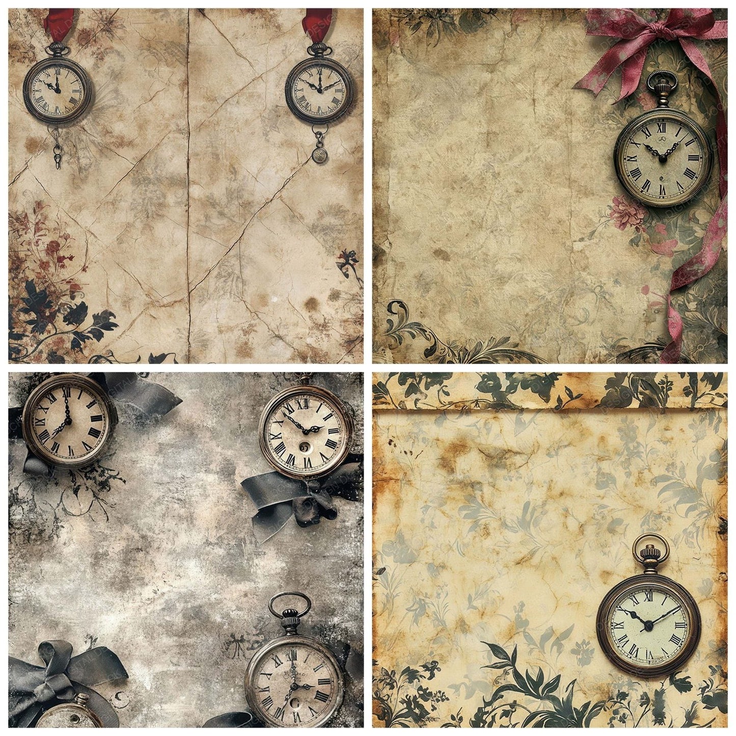Victorian Decoupage Ribbon Clockwork Digital Paper Pack (DDD004202)