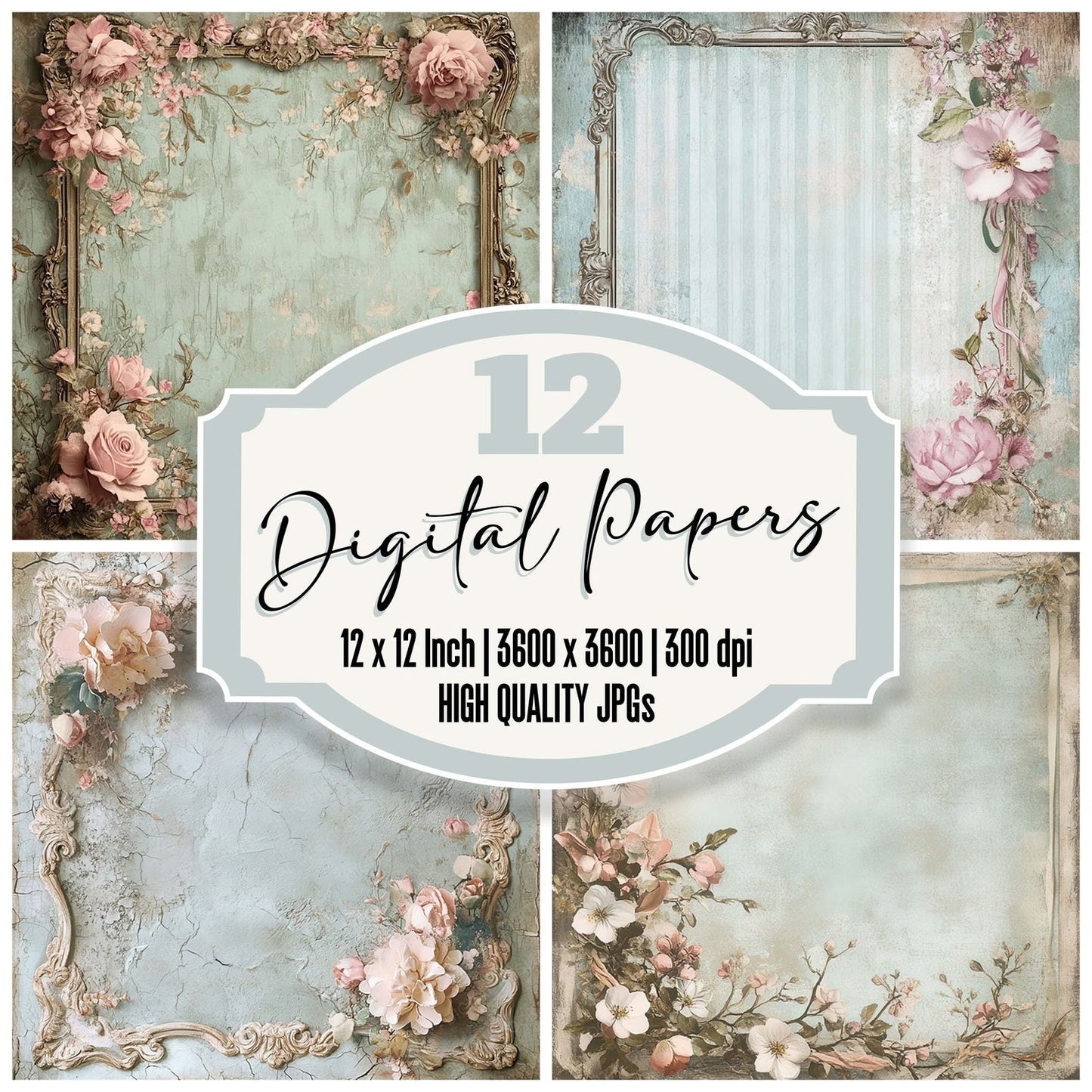 Victorian Decoupage Ribbon Mirror Digital Paper Pack (DDD004203)