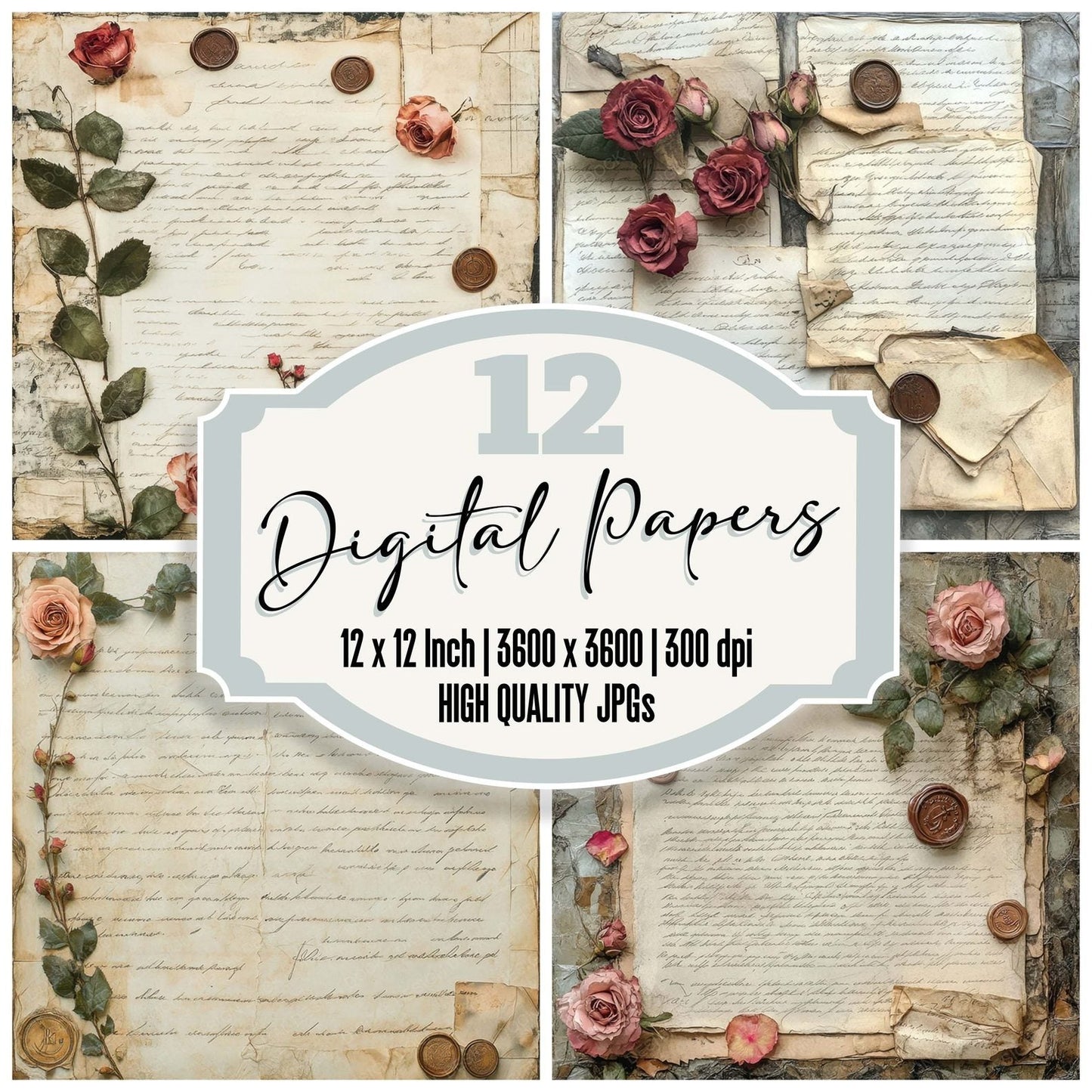 Victorian Decoupage Rose Letter Scroll Digital Paper Pack (DDD004204)