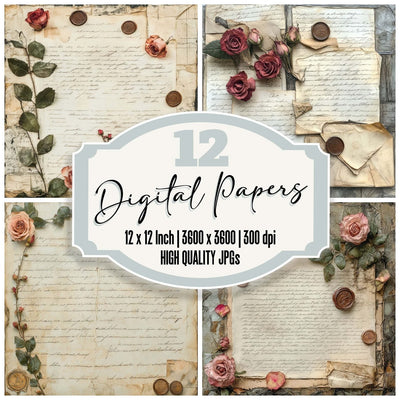 Victorian Decoupage Rose Letter Scroll Digital Paper Pack (DDD004204)