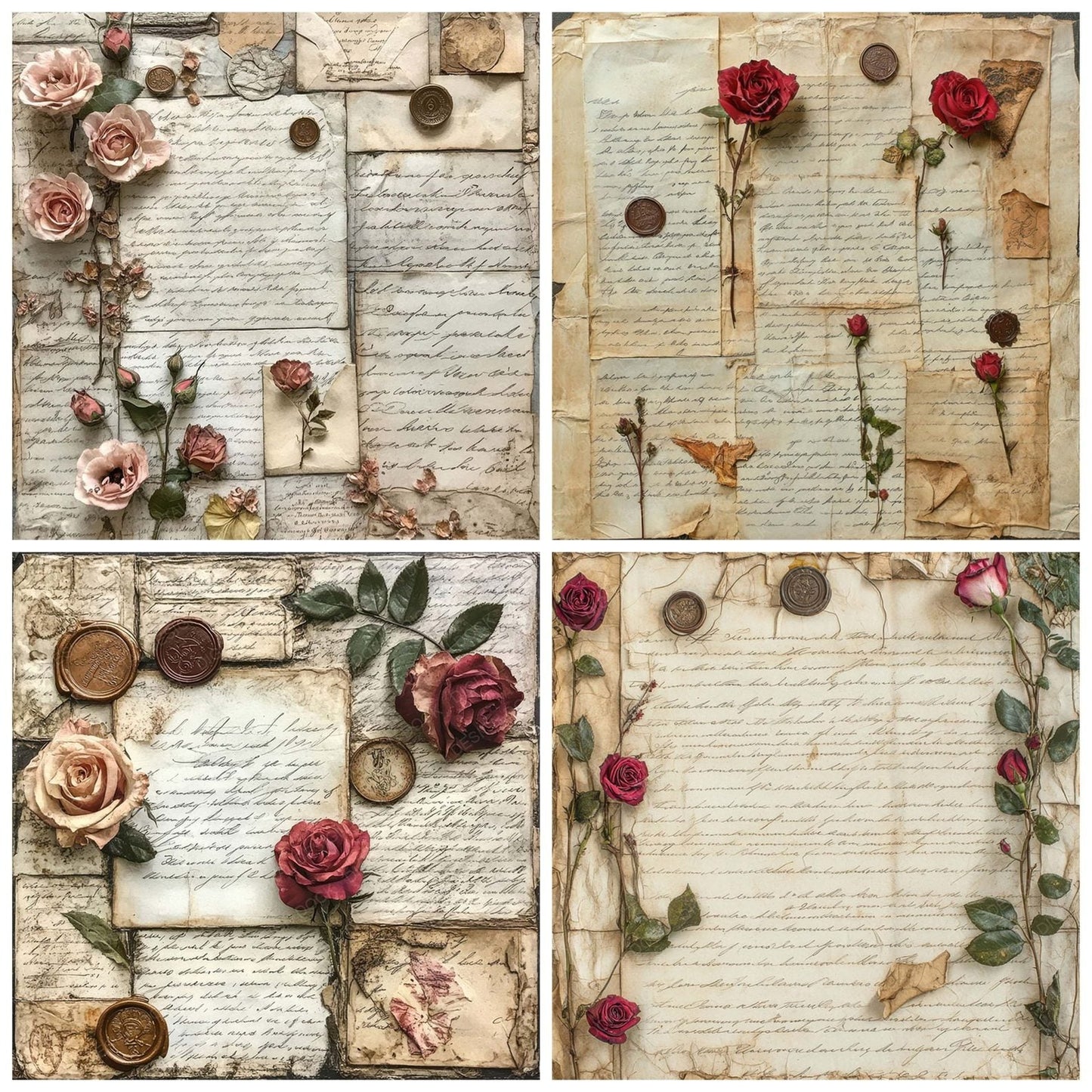 Victorian Decoupage Rose Letter Scroll Digital Paper Pack (DDD004204)
