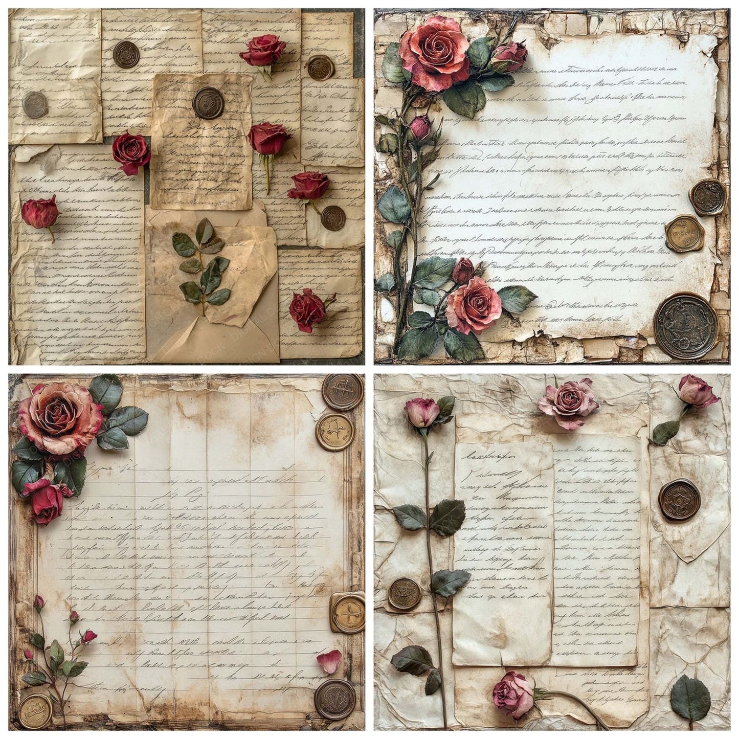 Victorian Decoupage Rose Letter Scroll Digital Paper Pack (DDD004204)