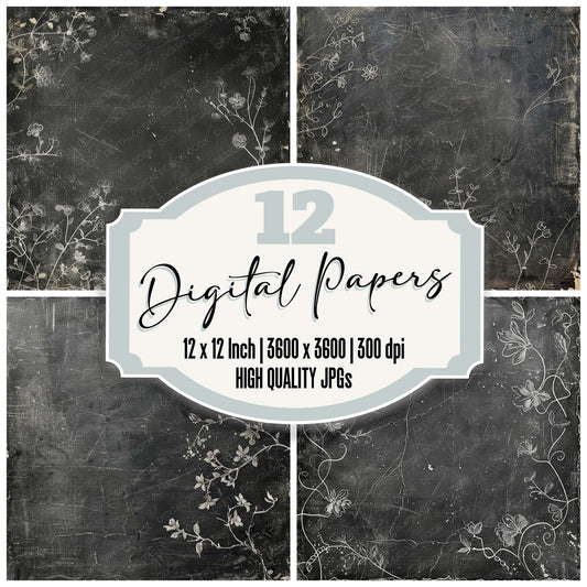 Vintage Digital Paper Aged Floral Chalkboard Digital Paper Pack (DDD004230)