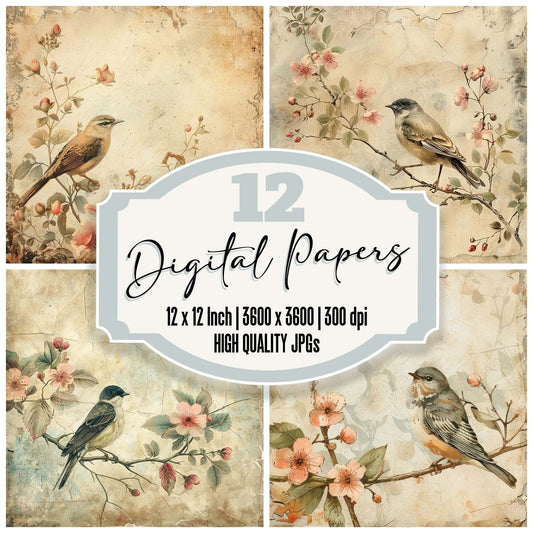 Vintage Digital Paper Birds Flowers Digital Paper Pack (DDD004237)