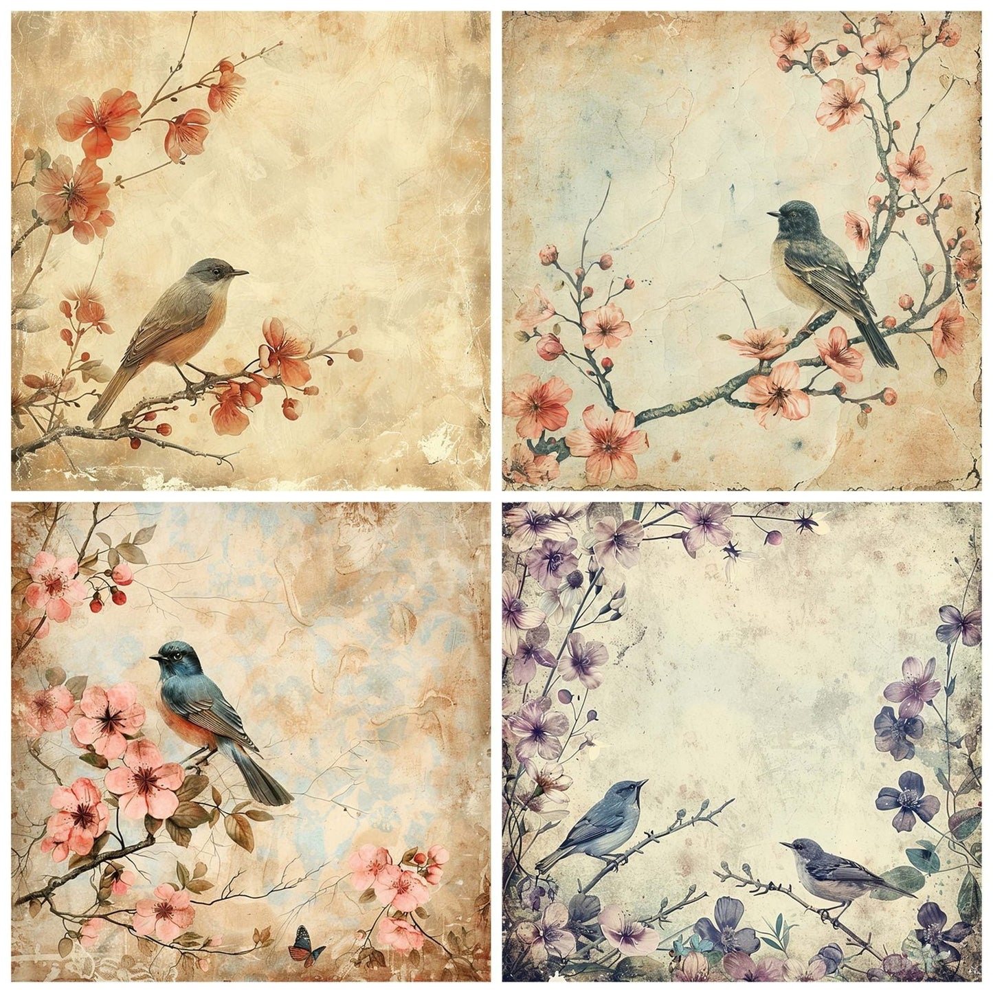 Vintage Digital Paper Birds Flowers Digital Paper Pack (DDD004237)