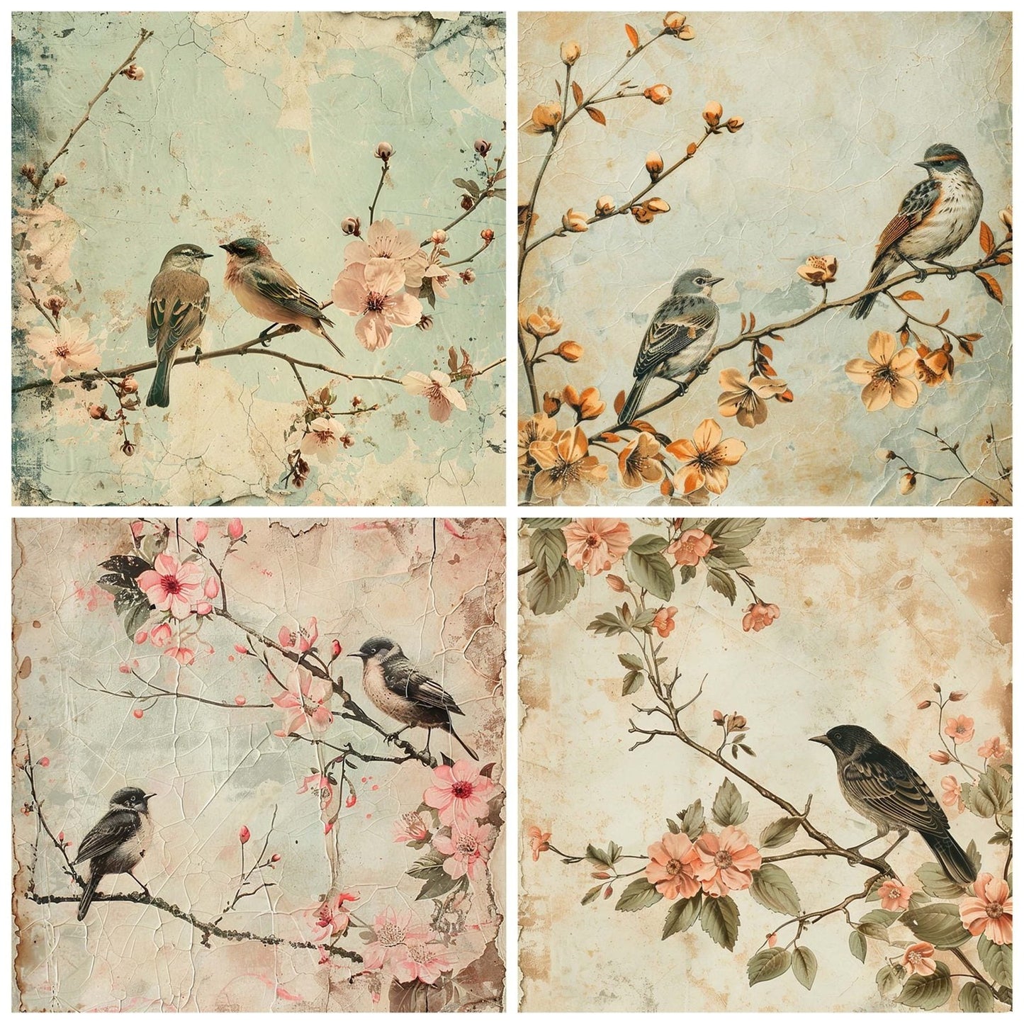 Vintage Digital Paper Birds Flowers Digital Paper Pack (DDD004237)