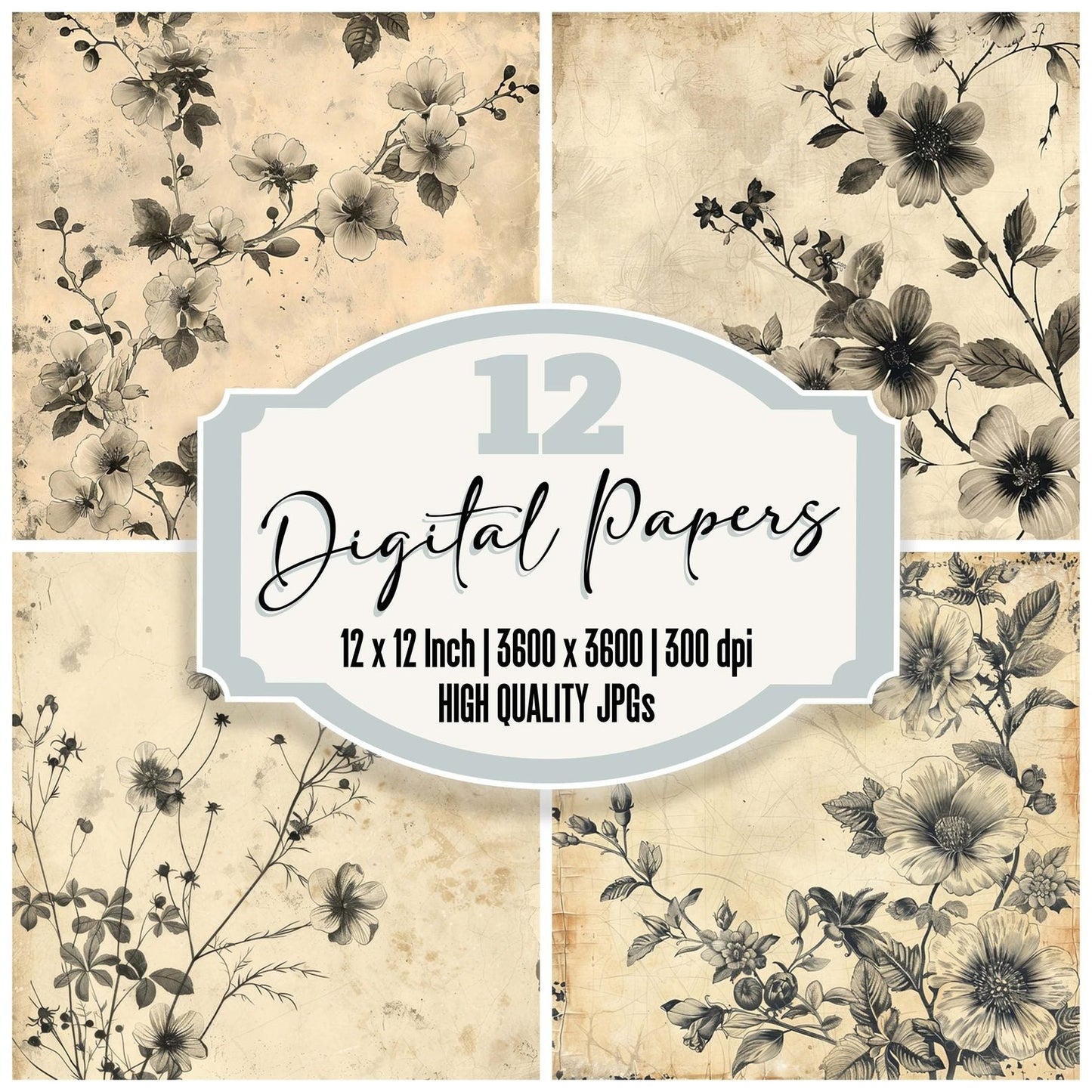 Vintage Digital Paper Black Floral Digital Paper Pack (DDD004238)