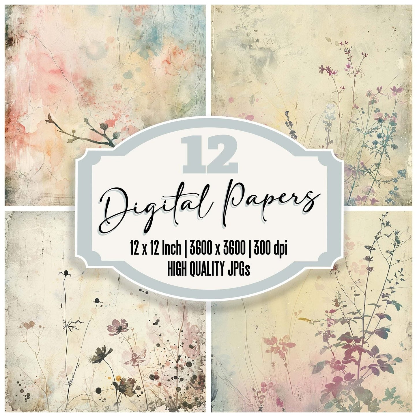 Vintage Digital Paper Botanical Ink Wash Digital Paper Pack (DDD004239)