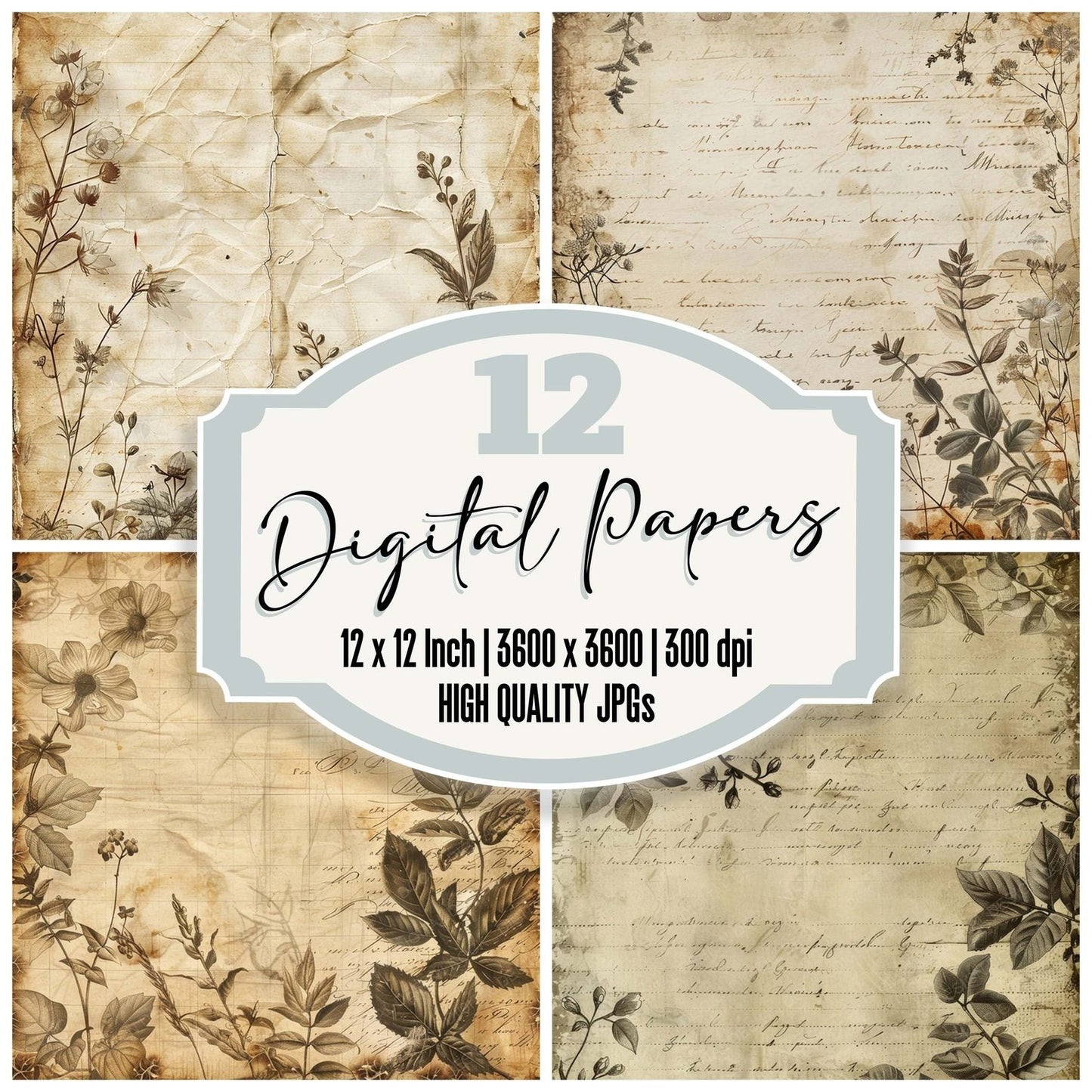 Vintage Digital Paper Botanical Script Digital Paper Pack (DDD004240)