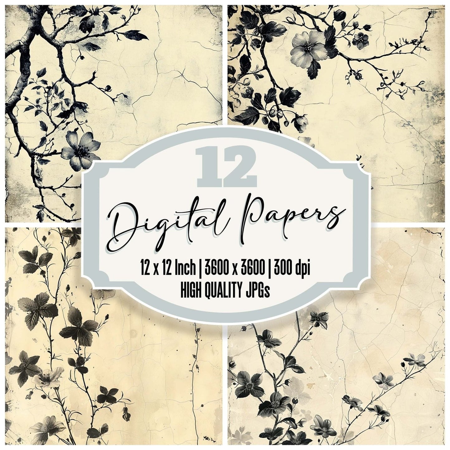 Vintage Digital Paper Cracked Black Floral Digital Paper Pack (DDD004246)