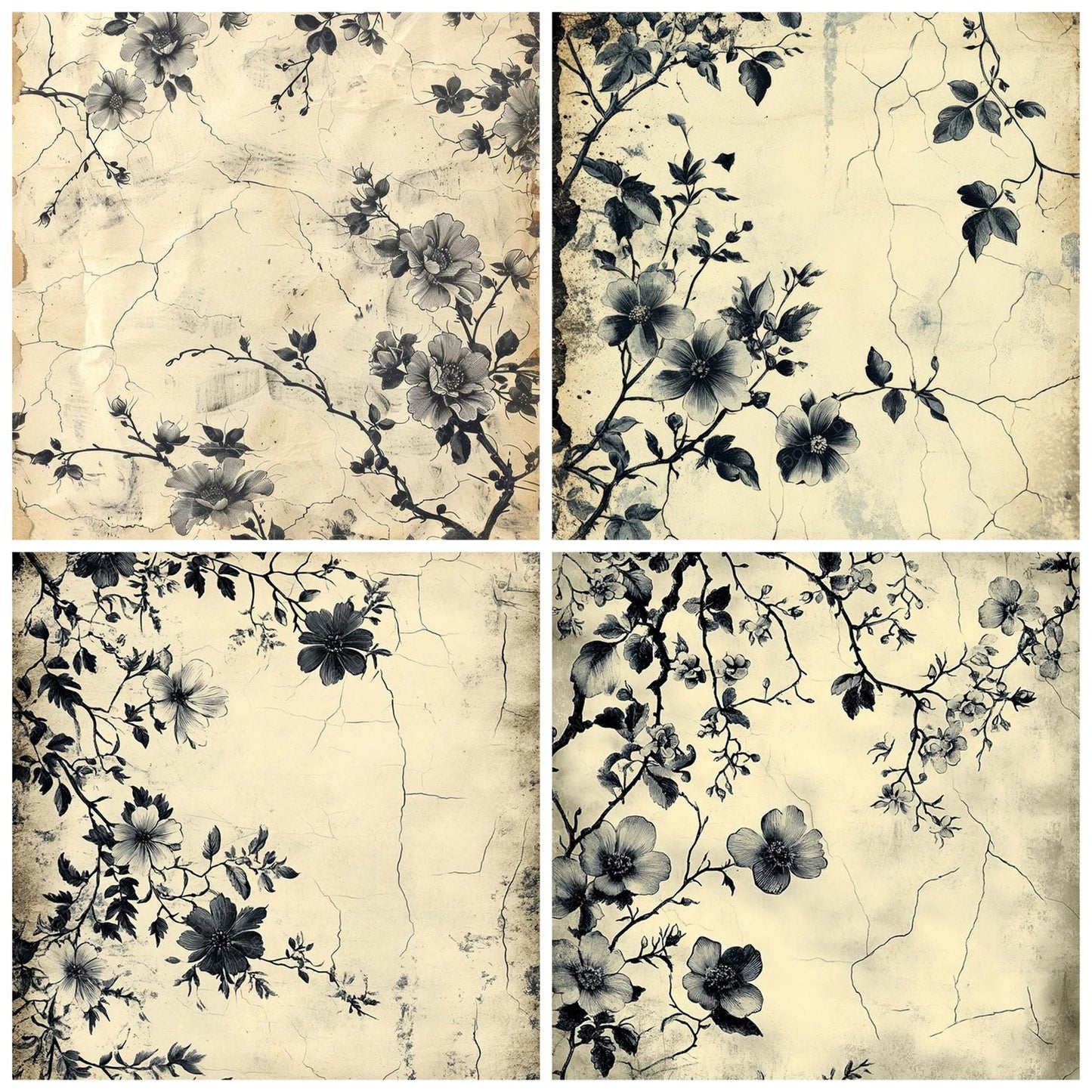 Vintage Digital Paper Cracked Black Floral Digital Paper Pack (DDD004246)