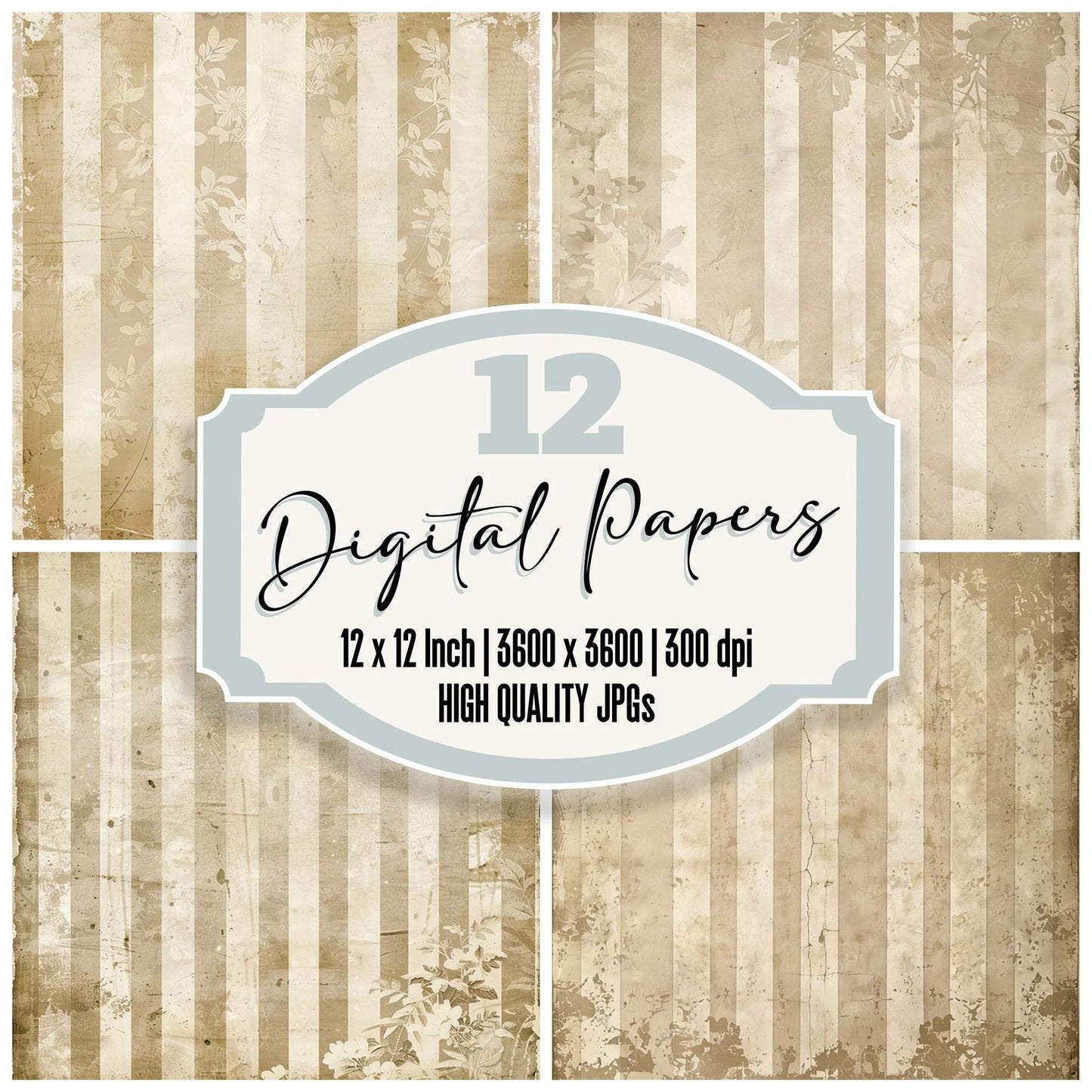 Vintage Digital Paper Cream Floral Stripes Digital Paper Pack (DDD004247)