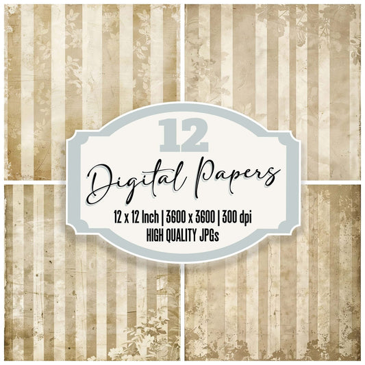 Vintage Digital Paper Cream Floral Stripes Digital Paper Pack (DDD004247)